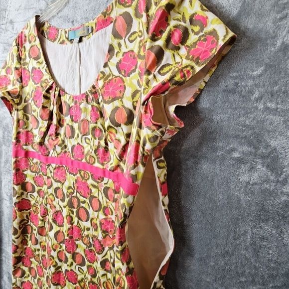 Boden sz 14 Pink Green empire waist Cotton cap sleeves 39in long - Picture 8 of 16